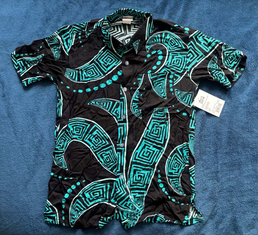 Hula Bay Boys Rayon Aloha Shirt Tattoo Hook Teal Size 12